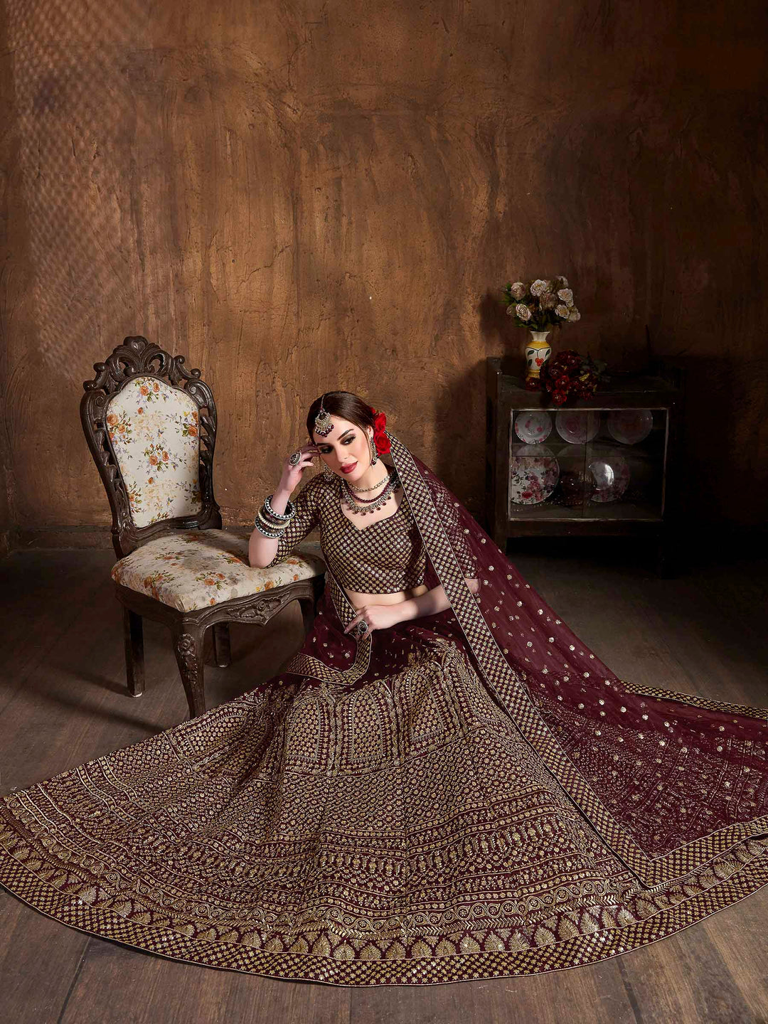 Maroon Art Silk Embroidered Semi Stitched Lehenga Choli with Dupatta