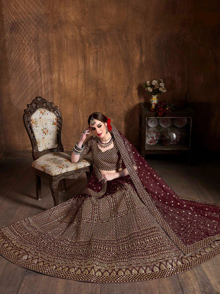 Maroon Art Silk Embroidered Semi Stitched Lehenga Choli with Dupatta