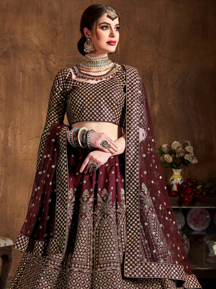 Maroon Art Silk Embroidered Semi Stitched Lehenga Choli with Dupatta