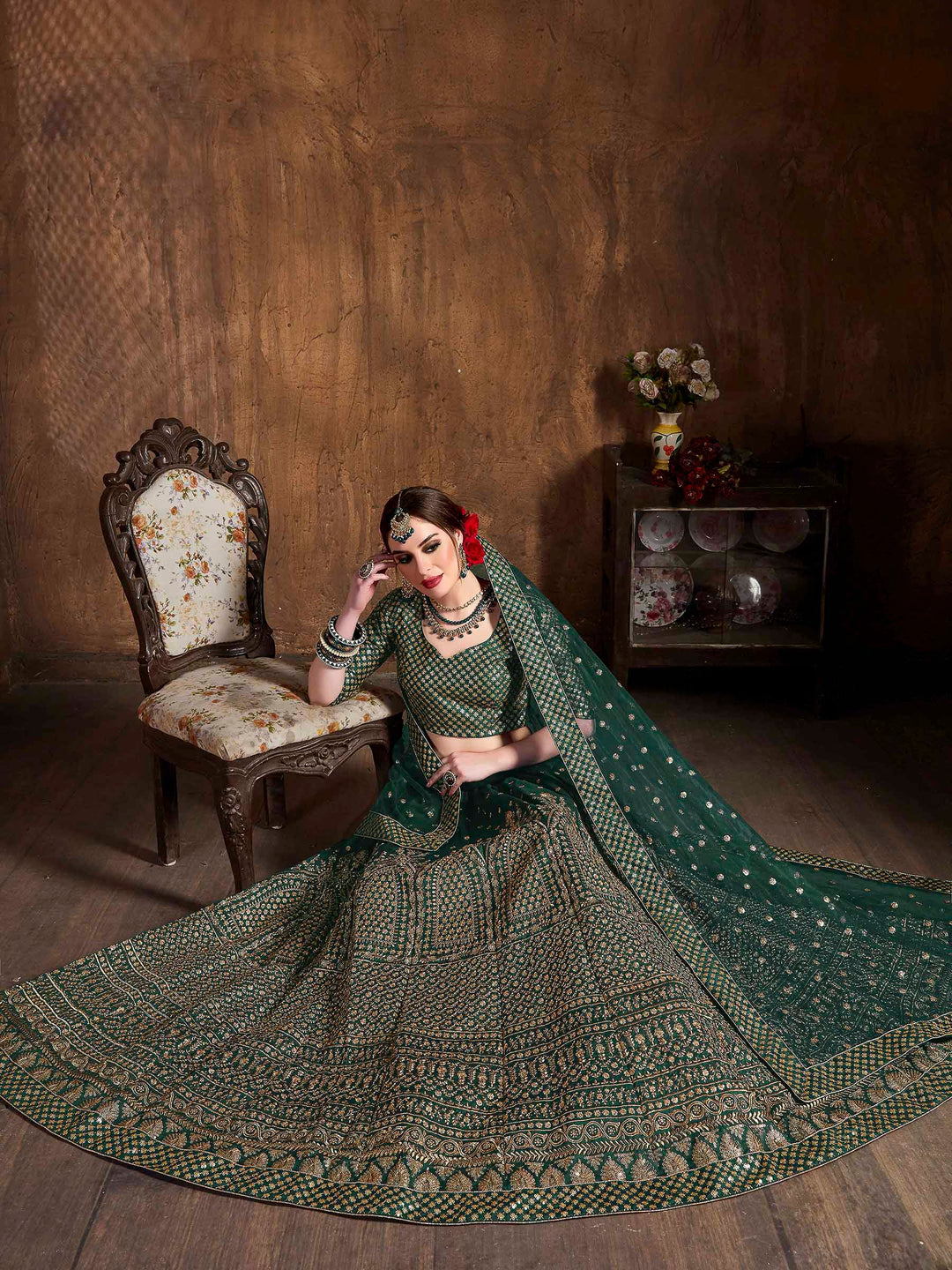 Green Art Silk Embroidered Semi Stitched Lehenga Choli with Dupatta