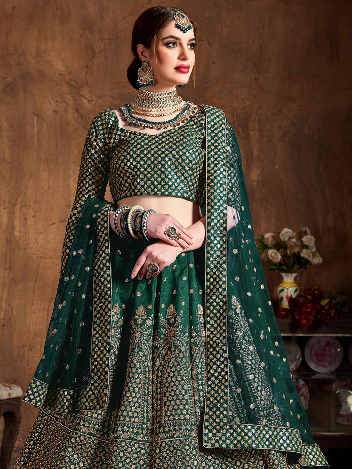Green Art Silk Embroidered Semi Stitched Lehenga Choli with Dupatta