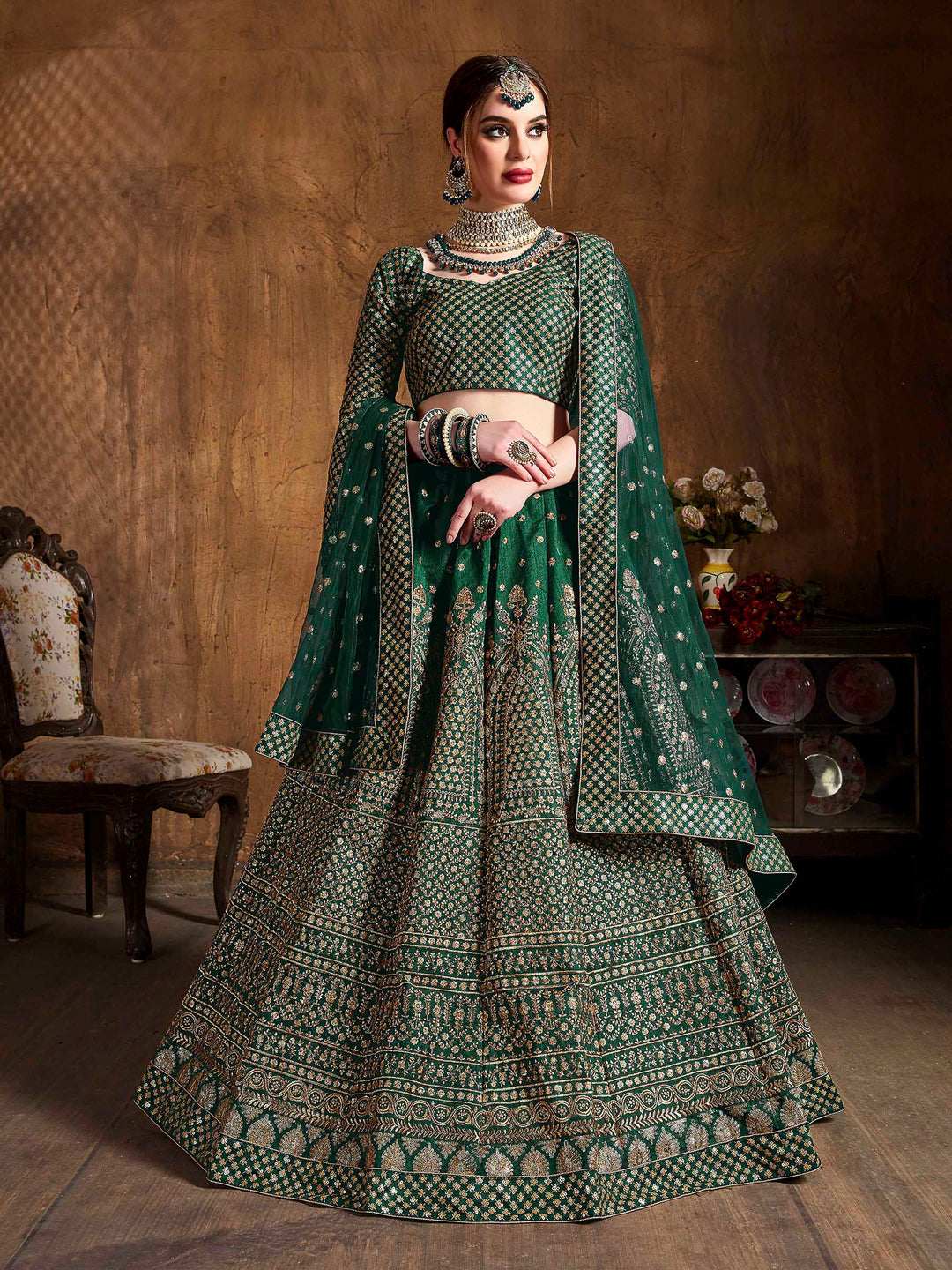 Green Art Silk Embroidered Semi Stitched Lehenga Choli with Dupatta