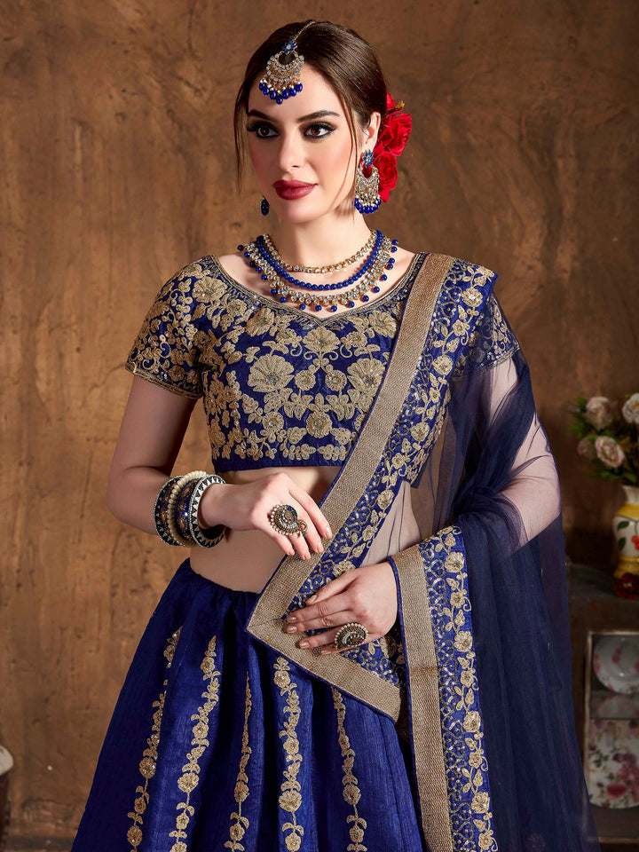 Blue Art Silk Embroidered Semi Stitched Lehenga Choli with Dupatta