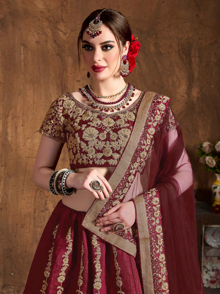 Maroon Art Silk Embroidered Semi Stitched Lehenga Choli with Dupatta