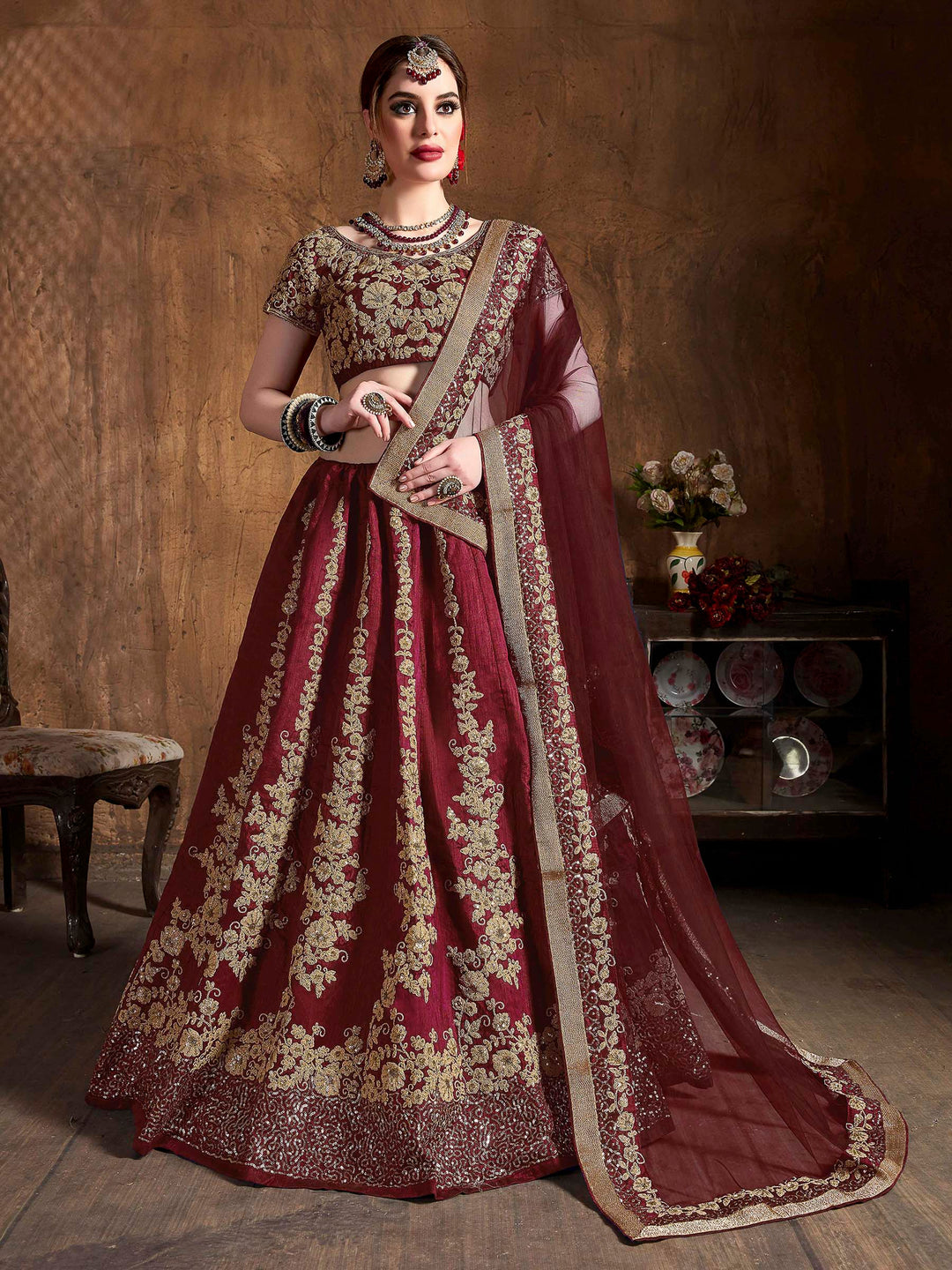 Maroon Art Silk Embroidered Semi Stitched Lehenga Choli with Dupatta