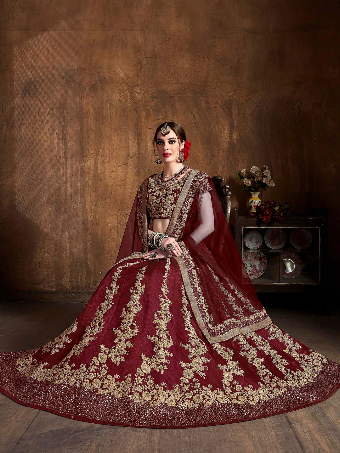 Maroon Art Silk Embroidered Semi Stitched Lehenga Choli with Dupatta