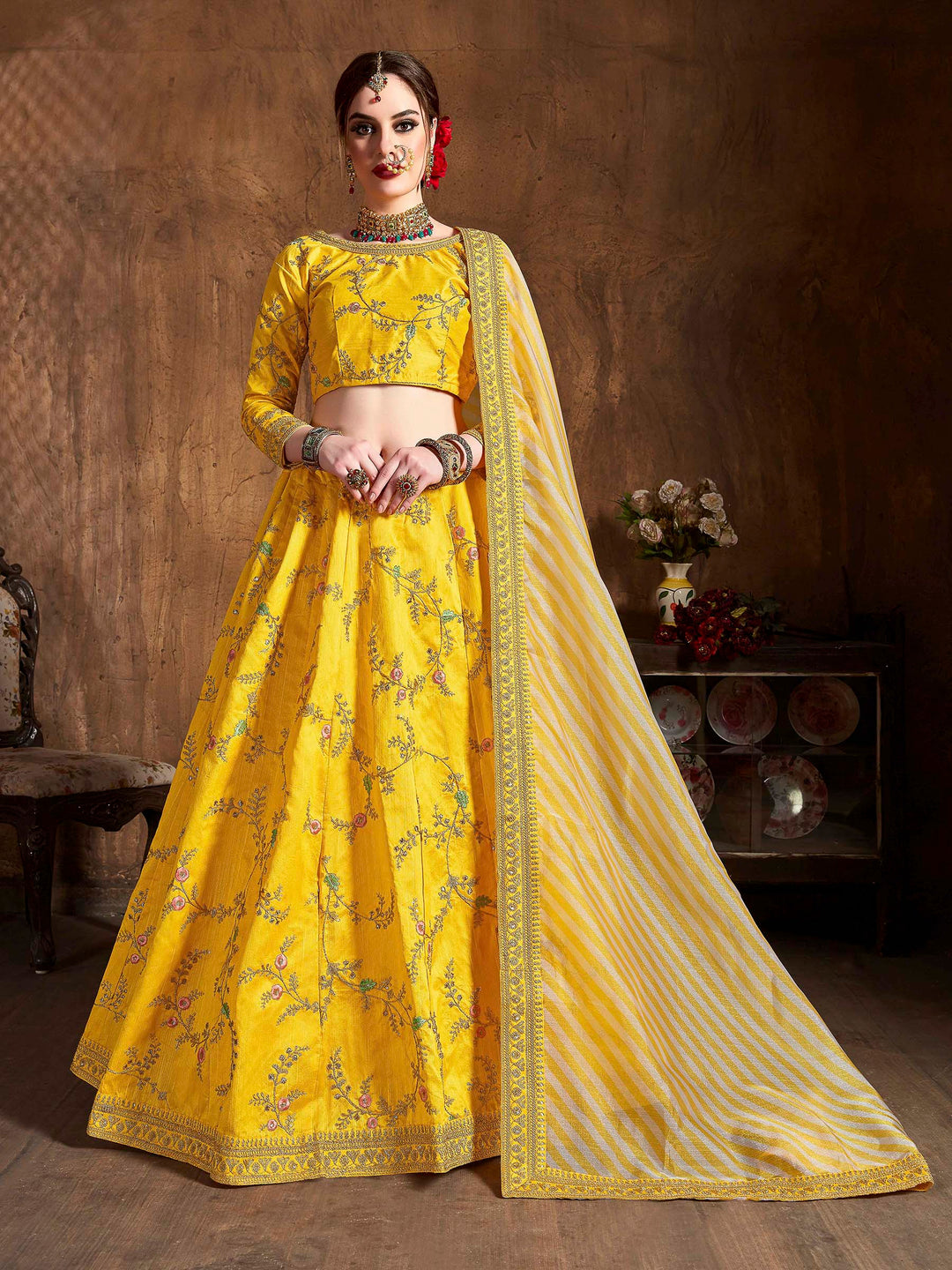 Yellow Art Silk Embroidered Semi Stitched Lehenga Choli with Dupatta