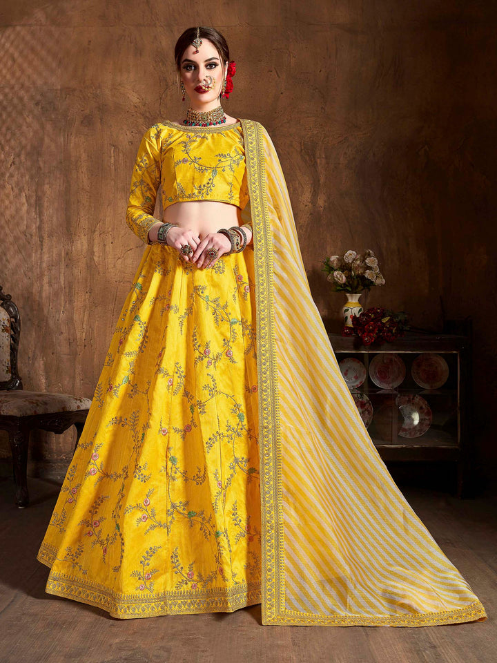 Yellow Art Silk Embroidered Semi Stitched Lehenga Choli with Dupatta
