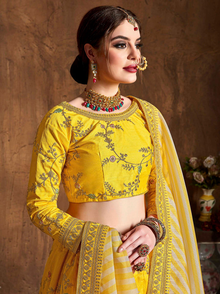 Yellow Art Silk Embroidered Semi Stitched Lehenga Choli with Dupatta