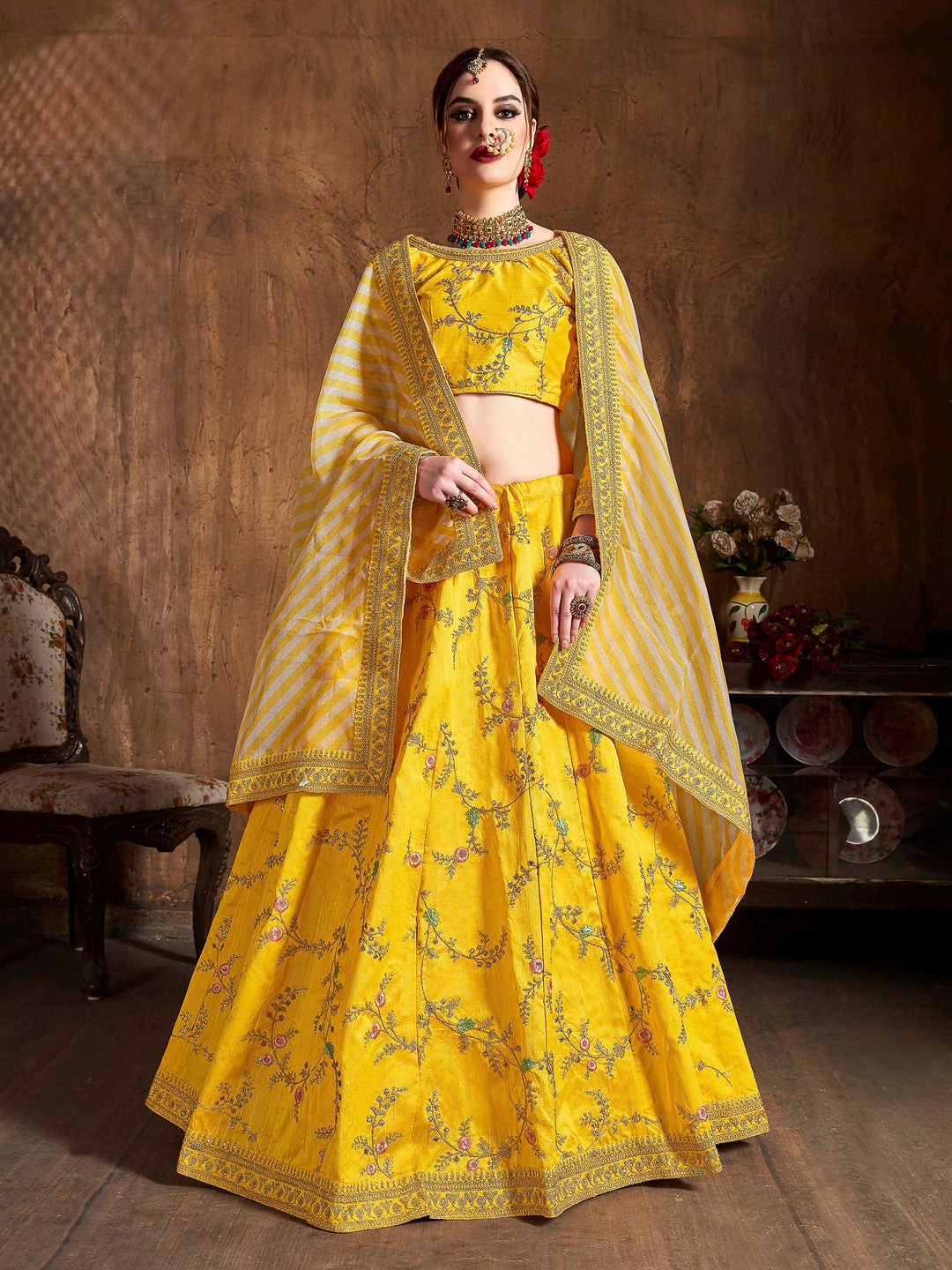 Yellow Art Silk Embroidered Semi Stitched Lehenga Choli with Dupatta
