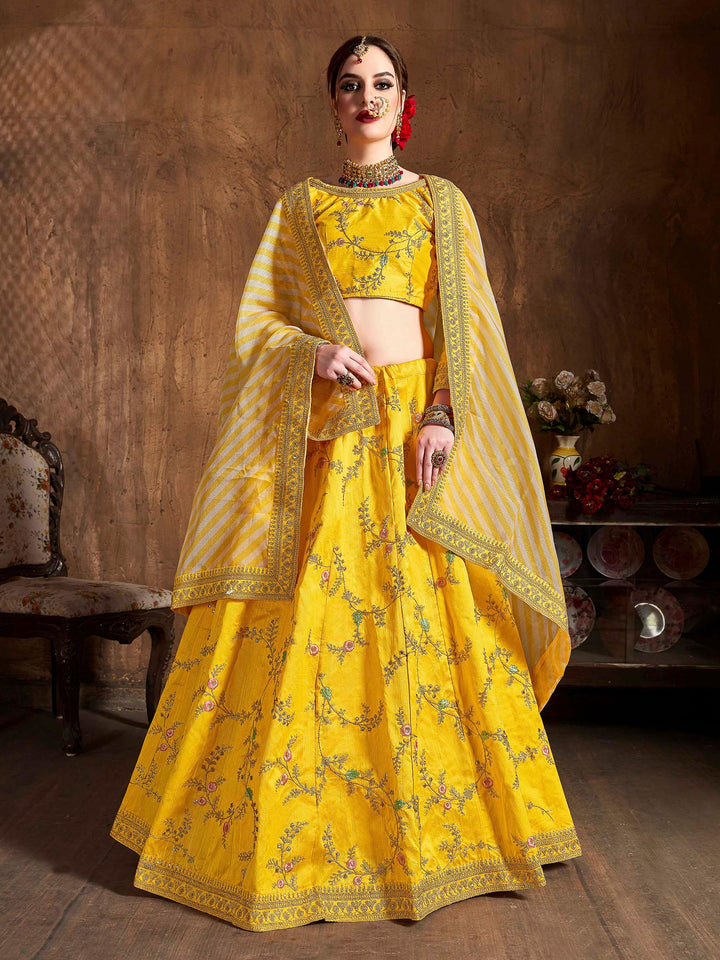 Yellow Art Silk Embroidered Semi Stitched Lehenga Choli with Dupatta