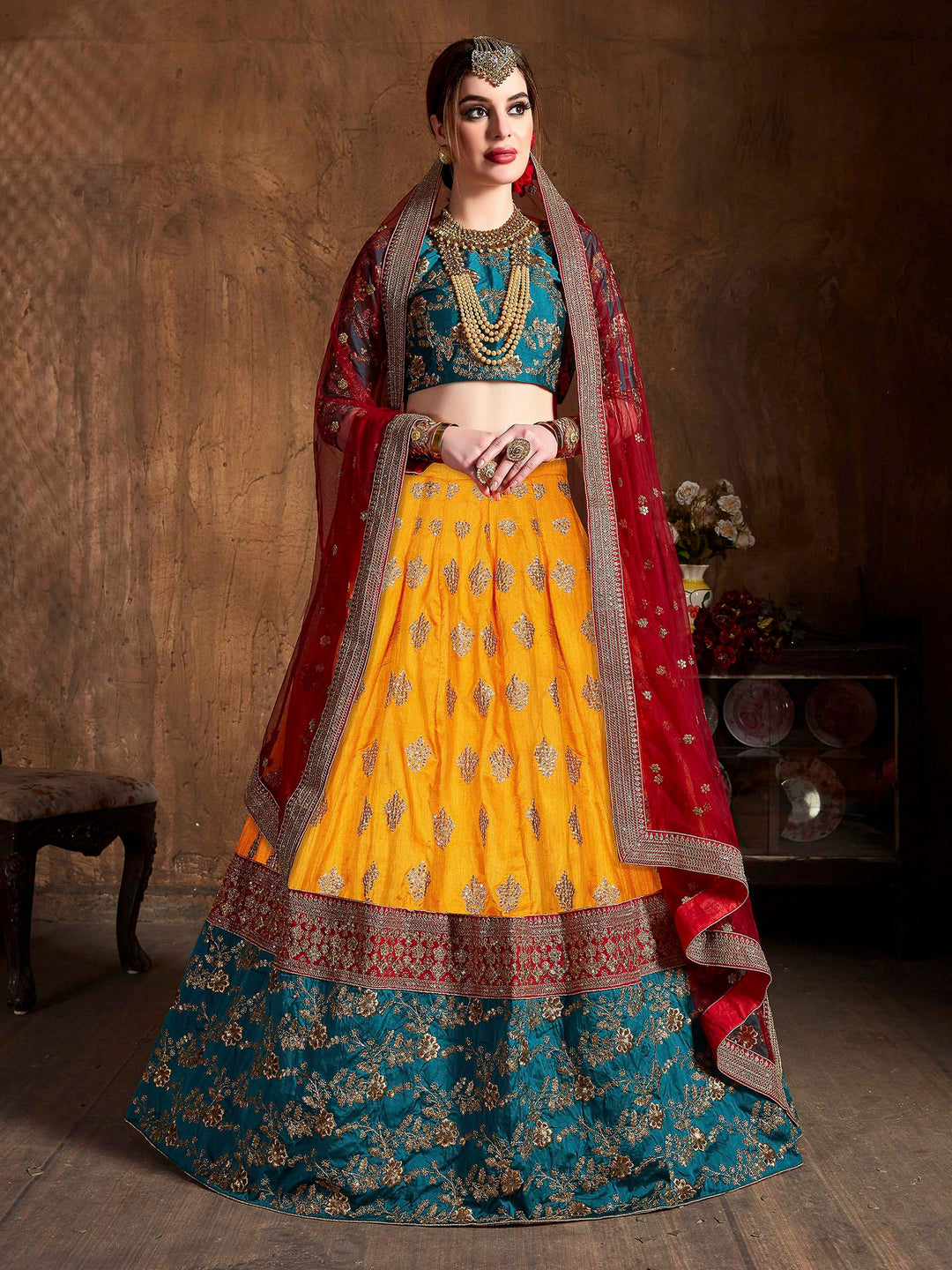 Yellow Art Silk Embroidered Semi Stitched Lehenga Choli with Dupatta
