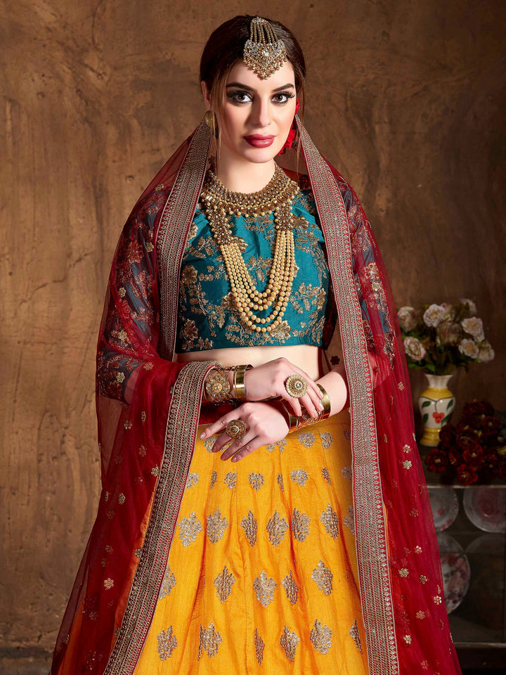 Yellow Art Silk Embroidered Semi Stitched Lehenga Choli with Dupatta