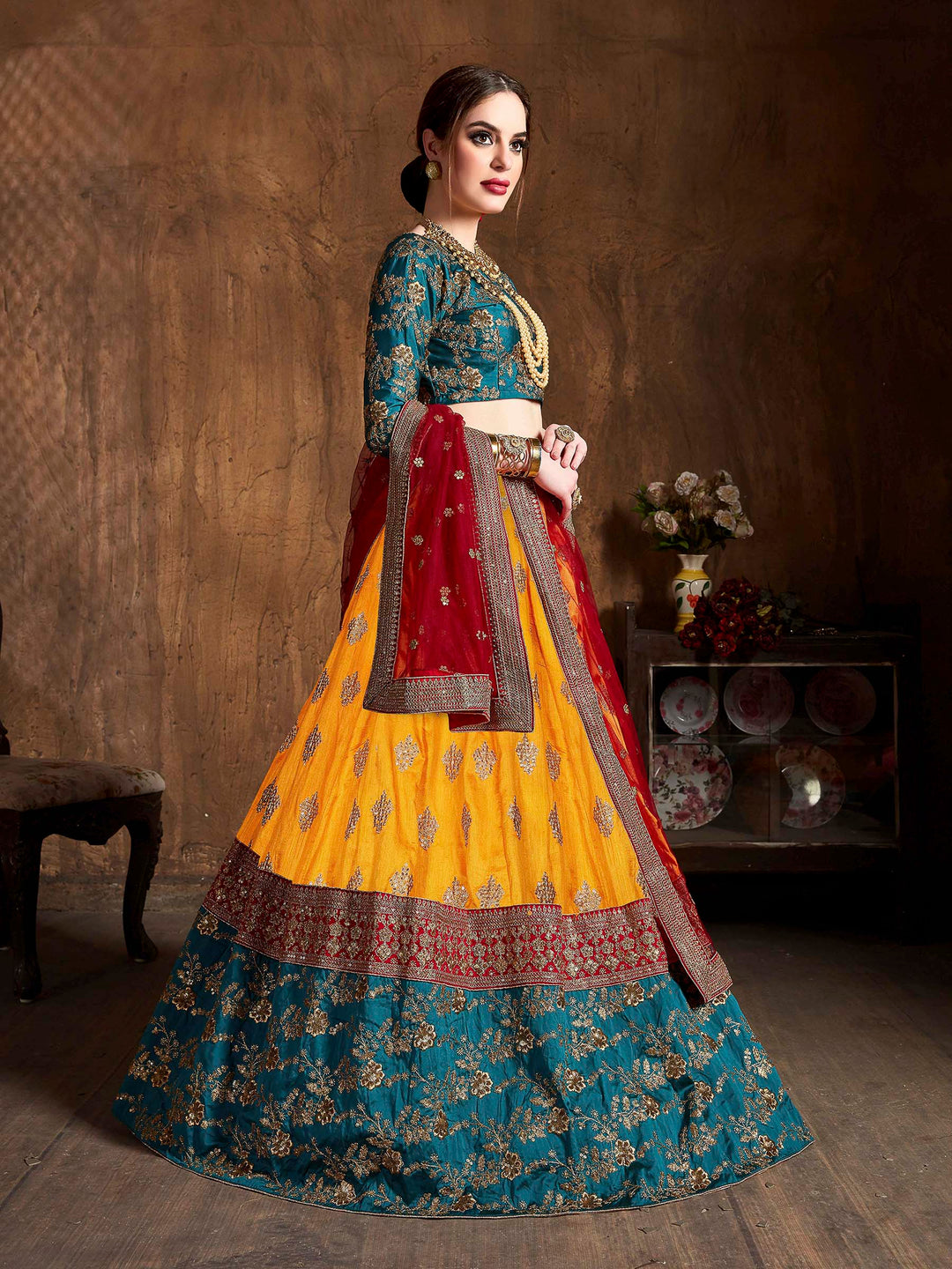 Yellow Art Silk Embroidered Semi Stitched Lehenga Choli with Dupatta