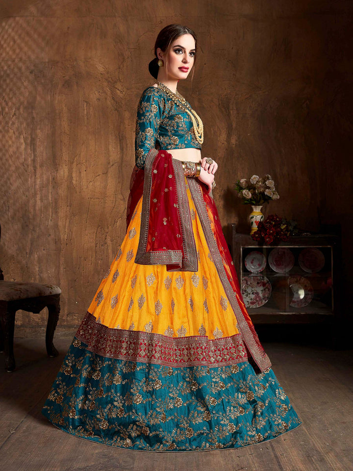Yellow Art Silk Embroidered Semi Stitched Lehenga Choli with Dupatta