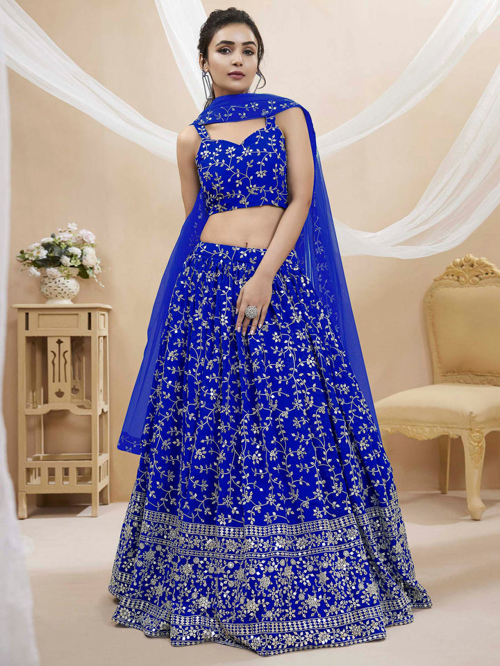 Blue Georgette Embroidered Semi Stitched Lehenga Choli with Dupatta