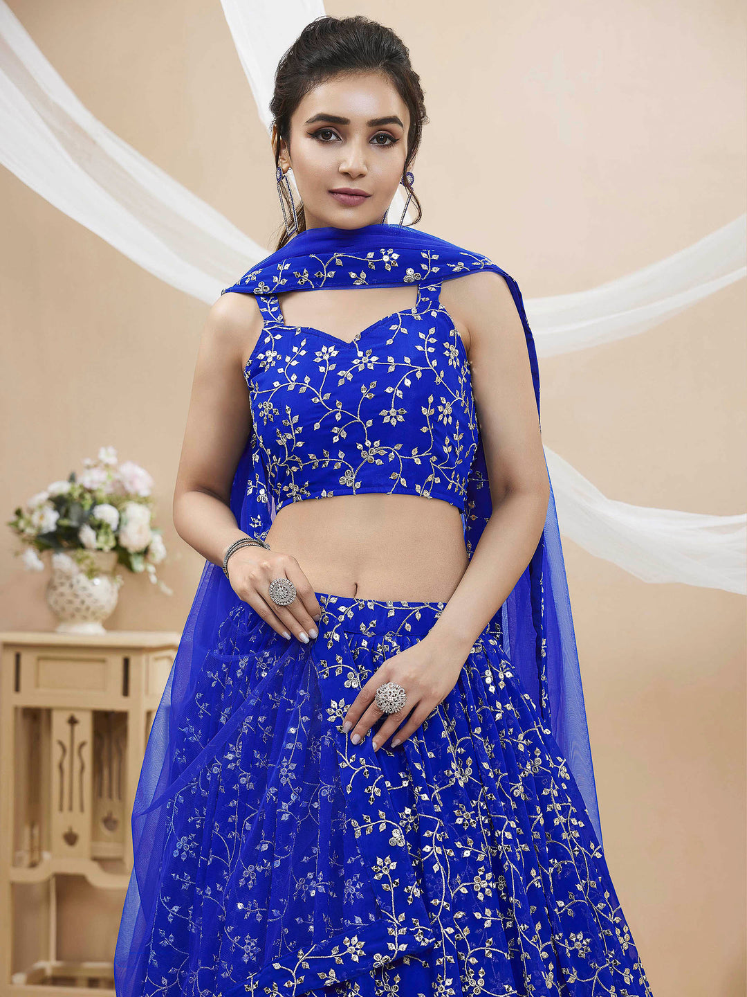 Blue Georgette Embroidered Semi Stitched Lehenga Choli with Dupatta