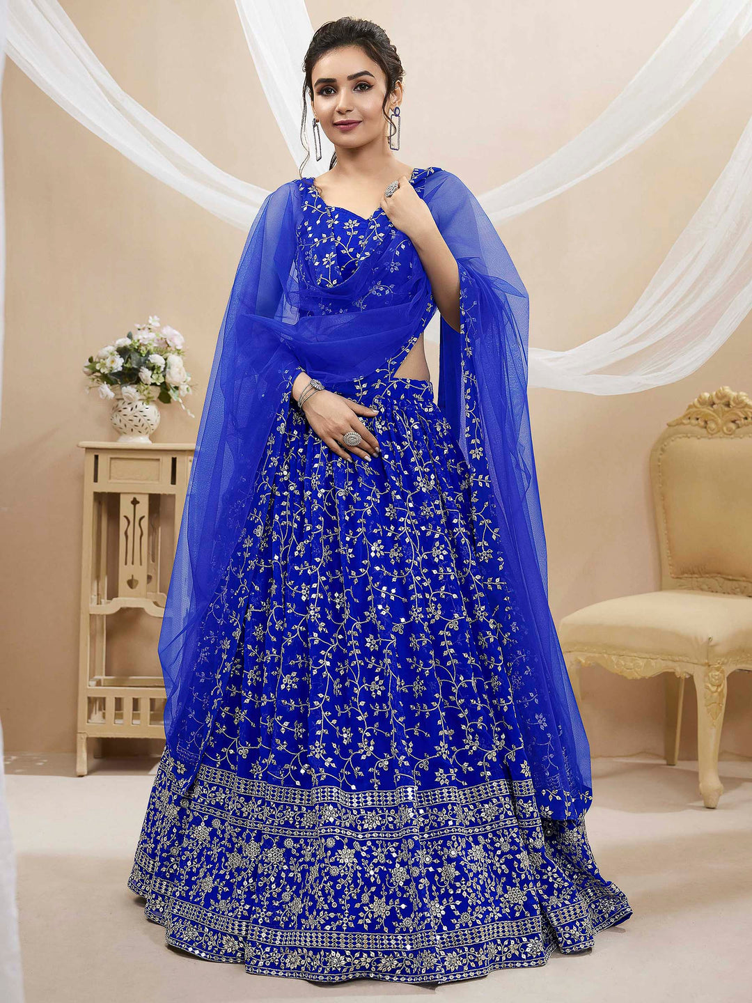 Blue Georgette Embroidered Semi Stitched Lehenga Choli with Dupatta