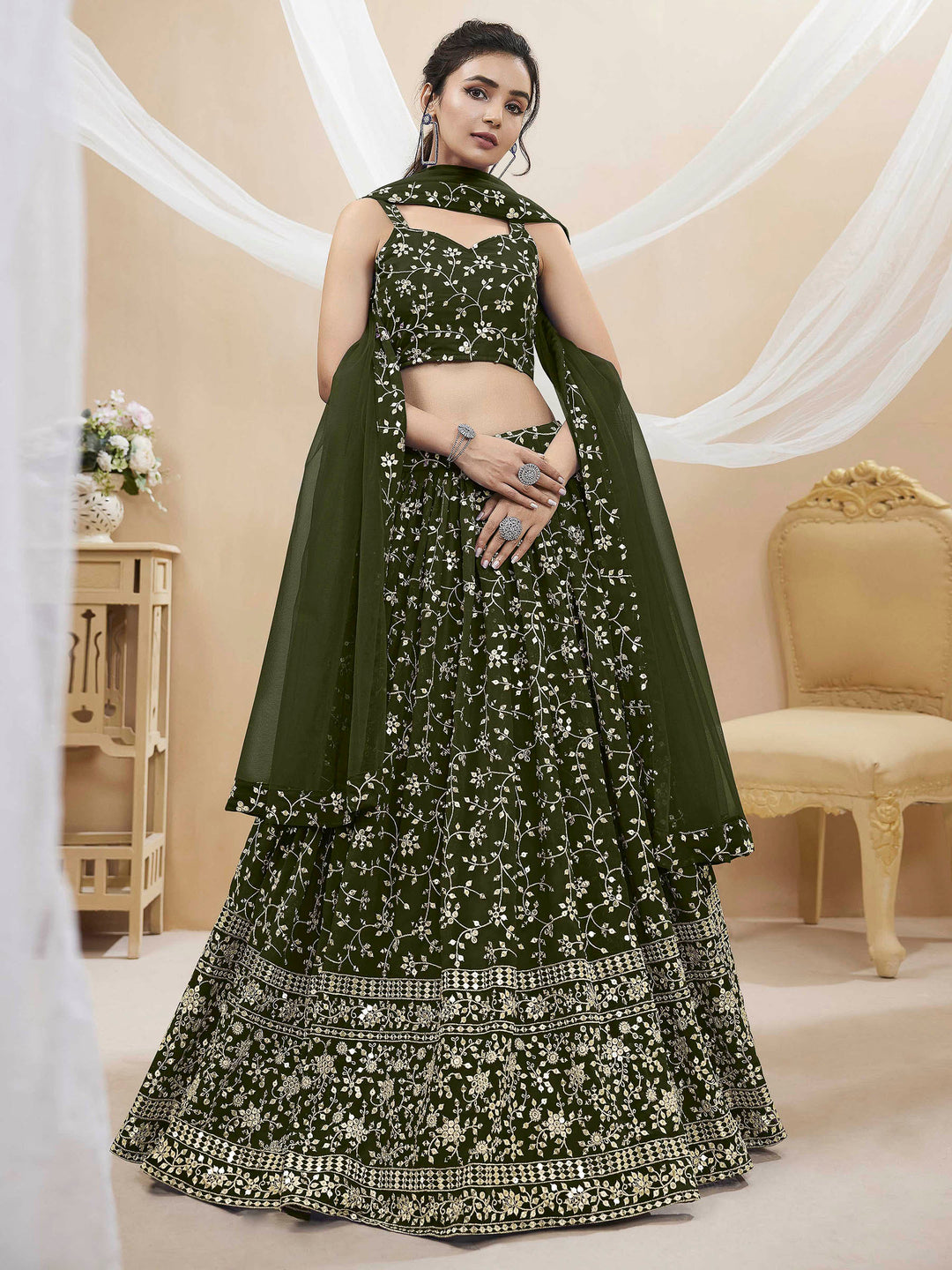 Olive-Green Georgette Embroidered Semi Stitched Lehenga Choli with Dupatta