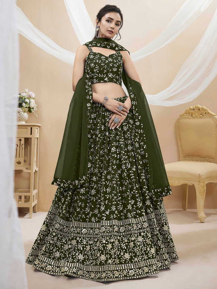 Olive-Green Georgette Embroidered Semi Stitched Lehenga Choli with Dupatta