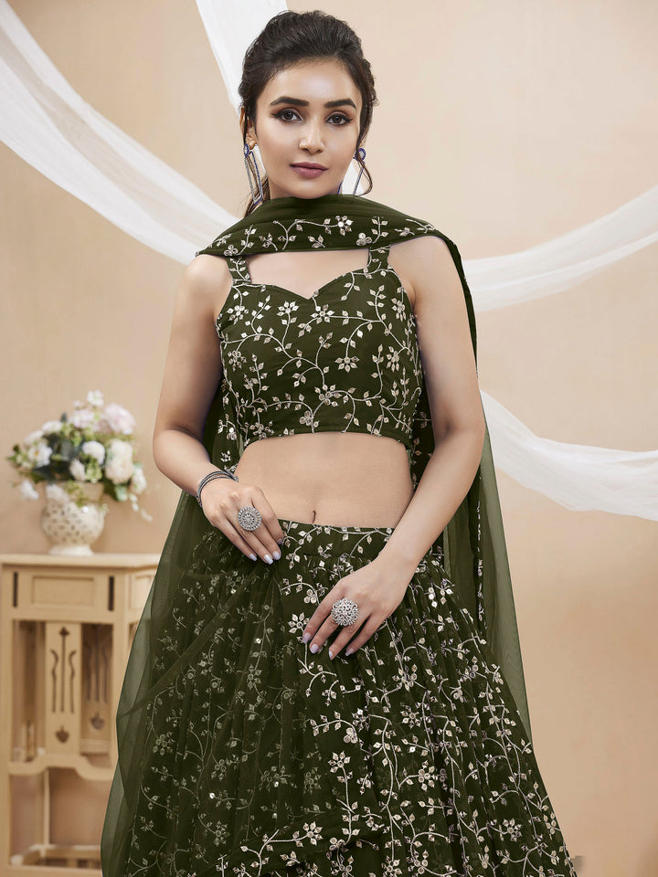 Olive-Green Georgette Embroidered Semi Stitched Lehenga Choli with Dupatta