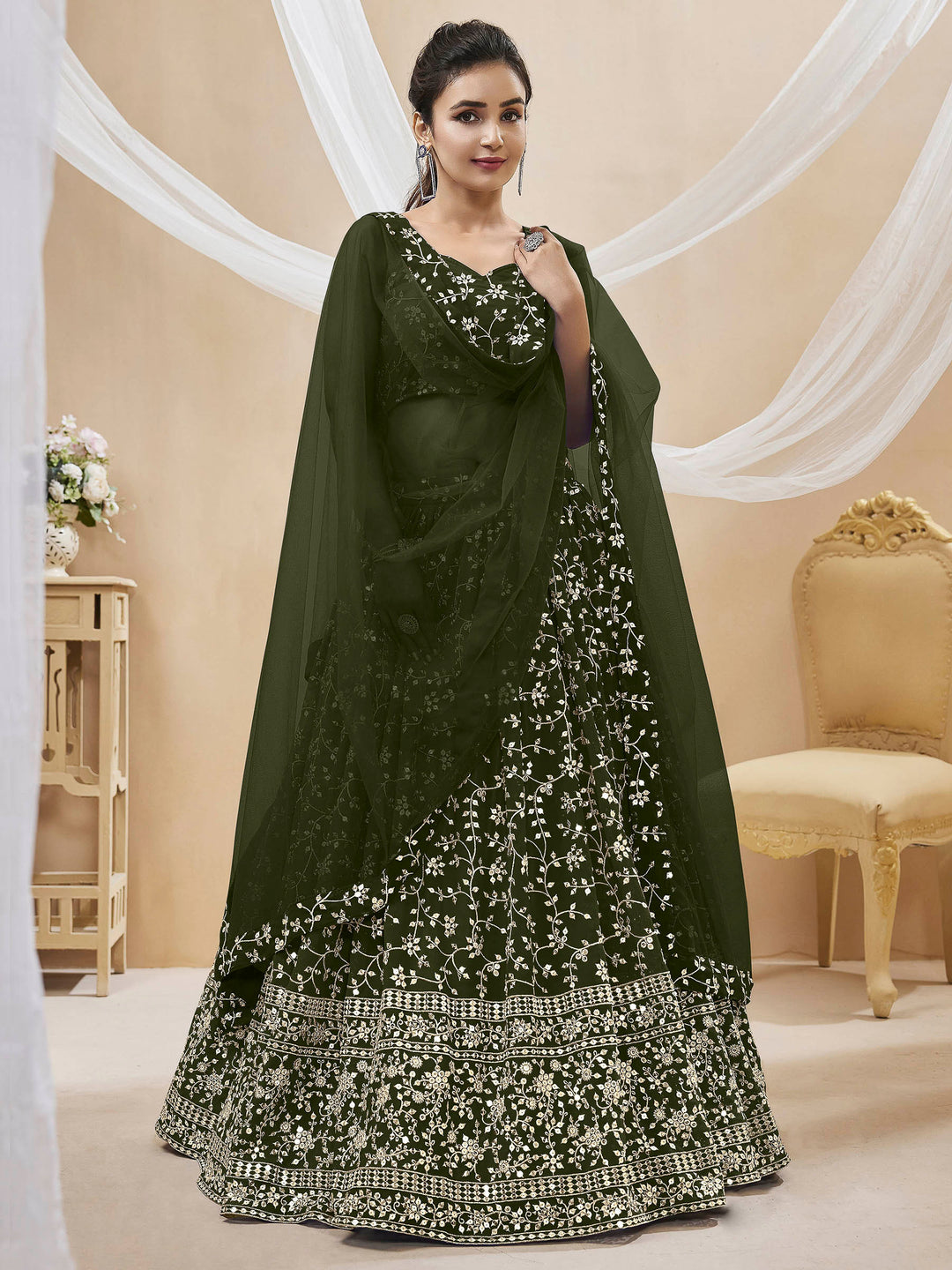 Olive-Green Georgette Embroidered Semi Stitched Lehenga Choli with Dupatta