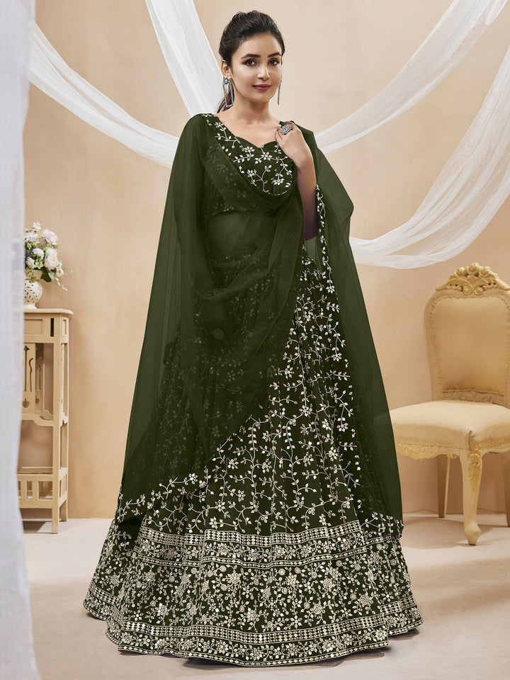 Olive-Green Georgette Embroidered Semi Stitched Lehenga Choli with Dupatta