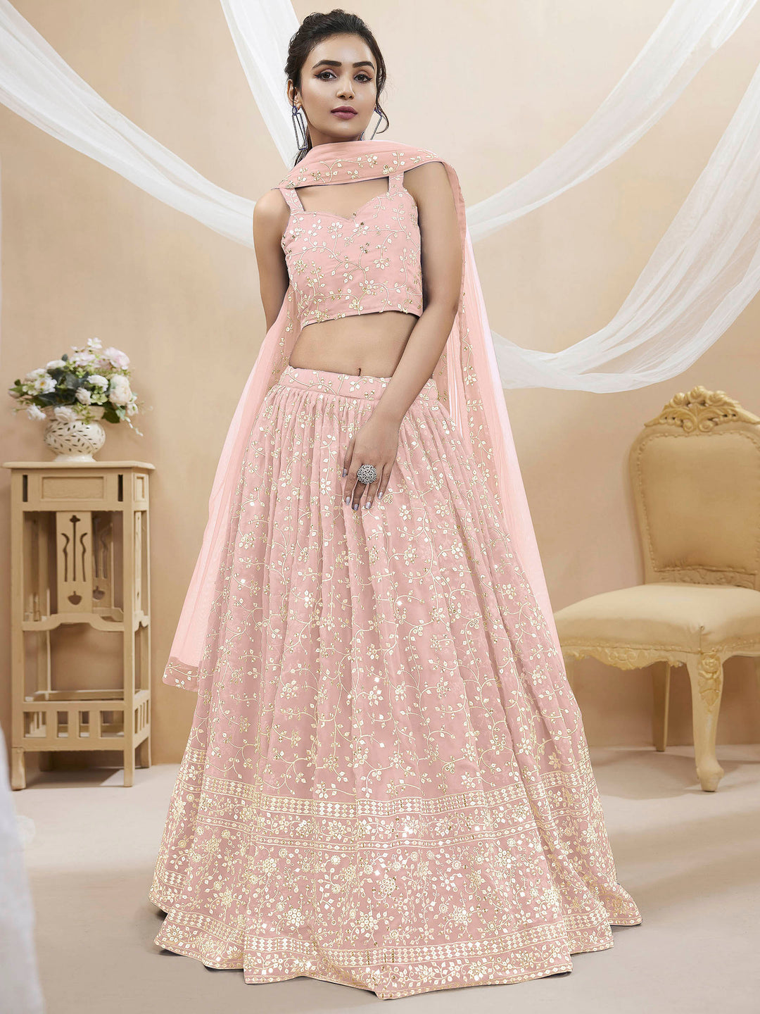 Pink Georgette Embroidered Semi Stitched Lehenga Choli with Dupatta