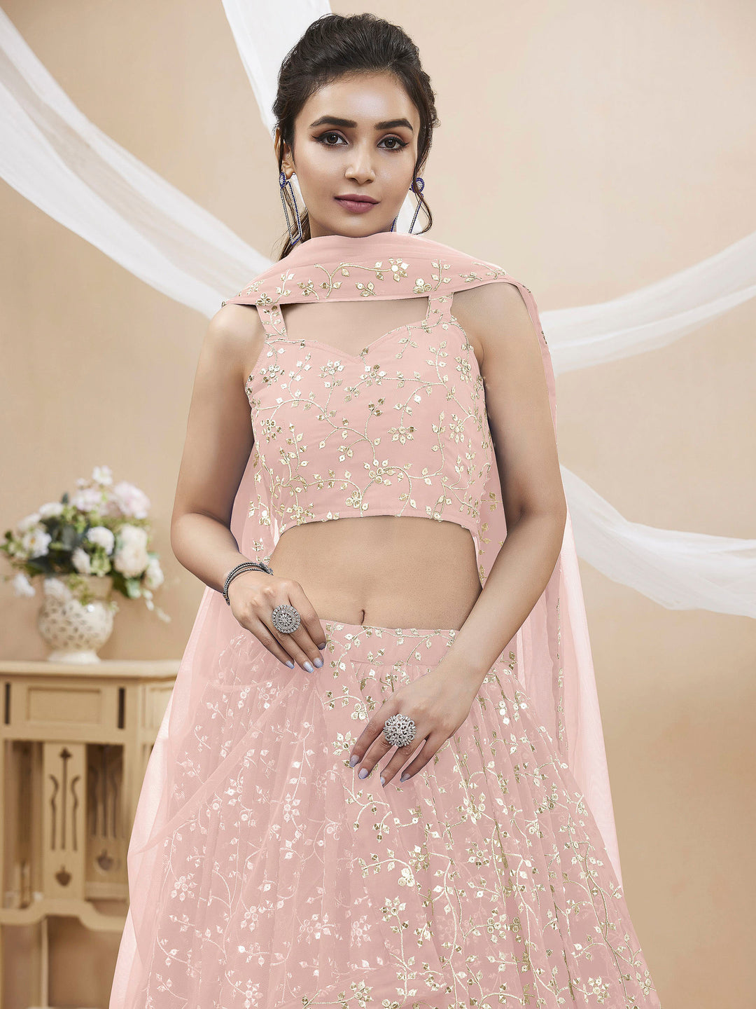 Pink Georgette Embroidered Semi Stitched Lehenga Choli with Dupatta