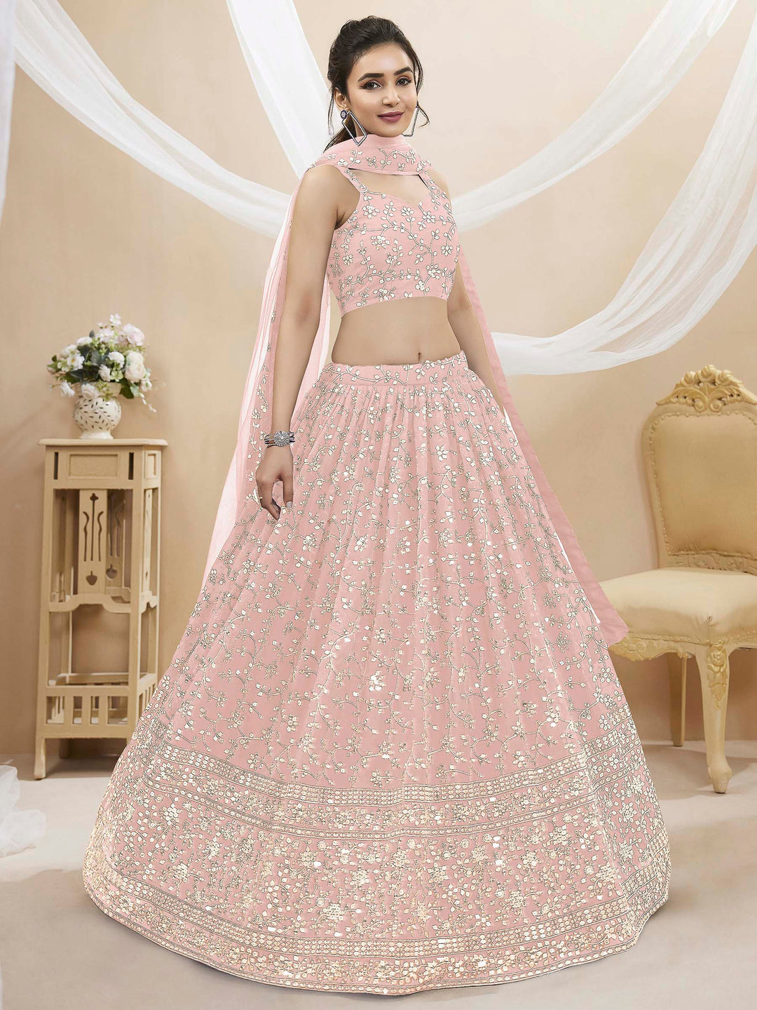 Pink Georgette Embroidered Semi Stitched Lehenga Choli with Dupatta