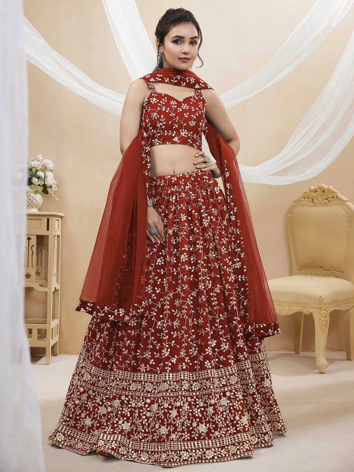 Red Georgette Embroidered Semi Stitched Lehenga Choli with Dupatta
