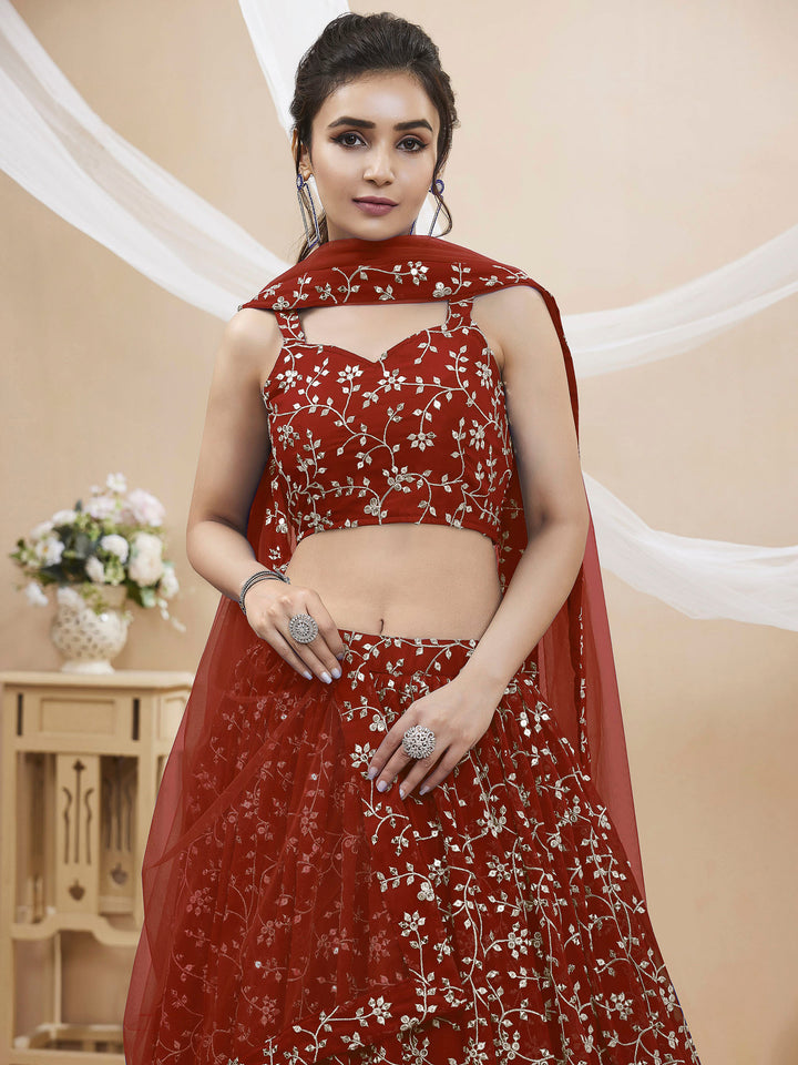 Red Georgette Embroidered Semi Stitched Lehenga Choli with Dupatta