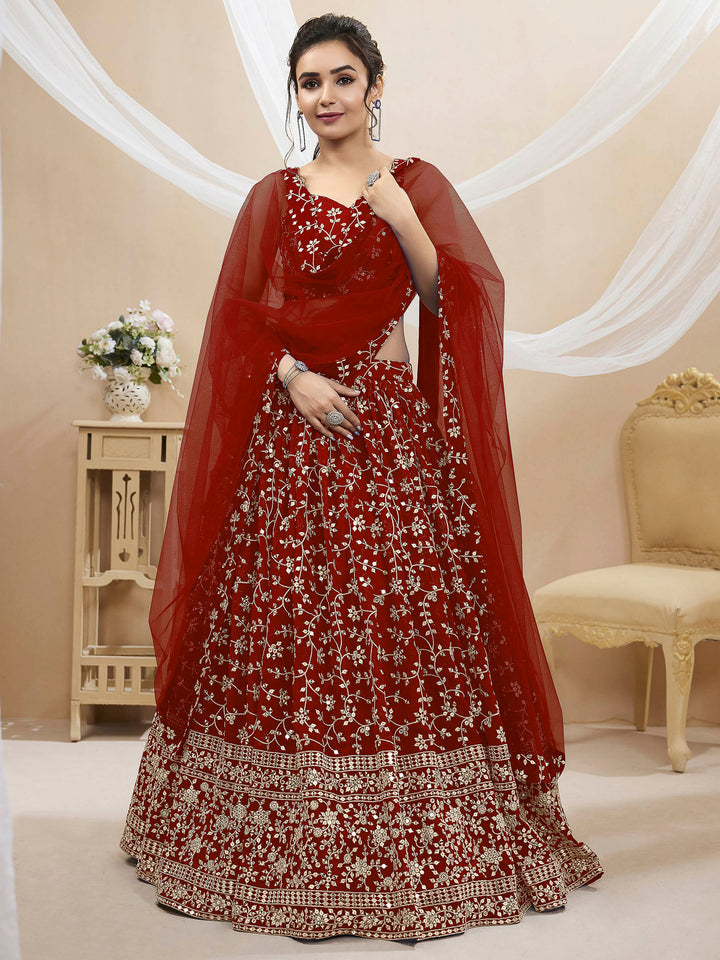 Red Georgette Embroidered Semi Stitched Lehenga Choli with Dupatta