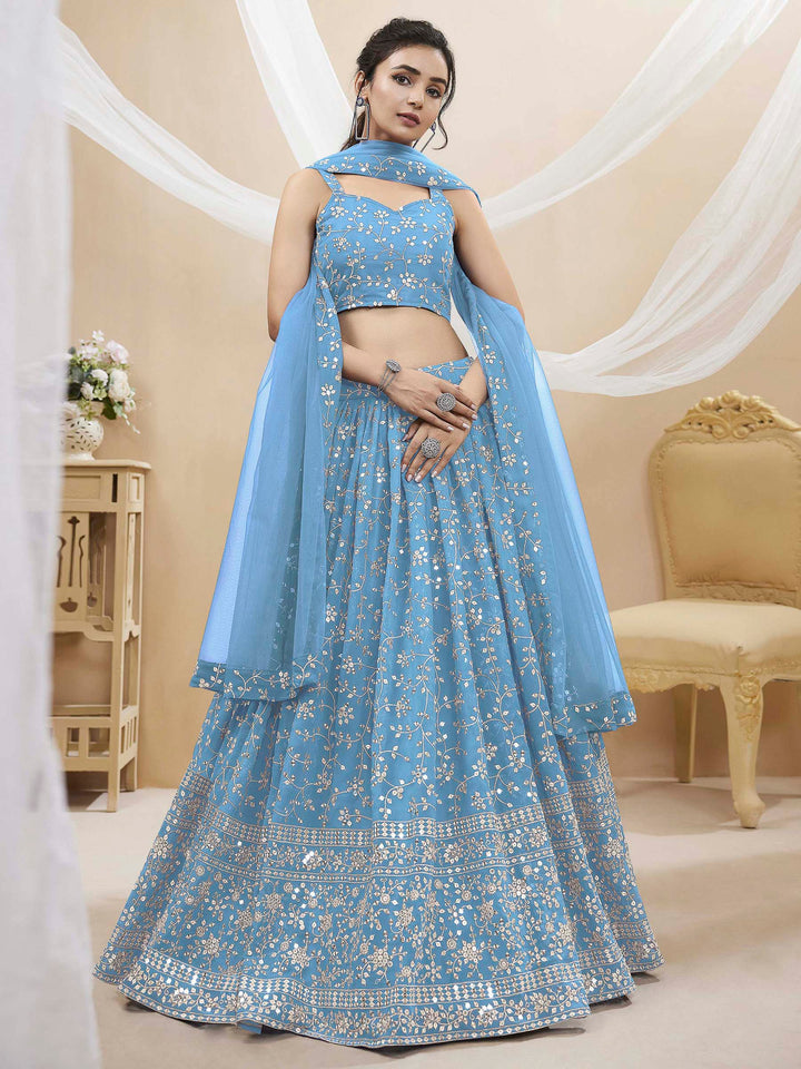 Blue Georgette Embroidered Semi Stitched Lehenga Choli with Dupatta