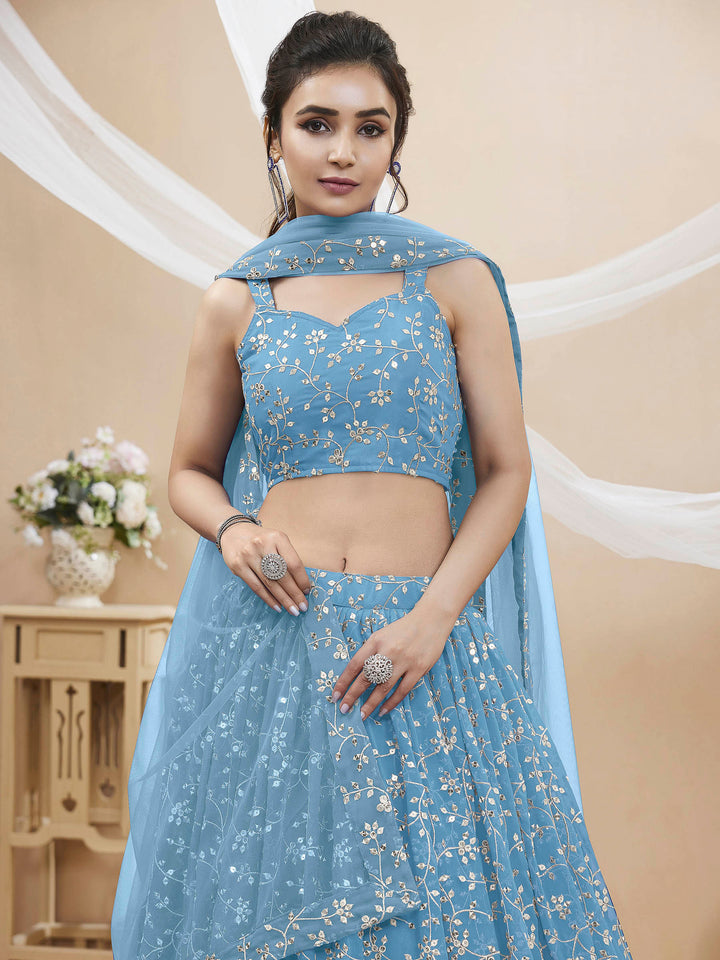 Blue Georgette Embroidered Semi Stitched Lehenga Choli with Dupatta