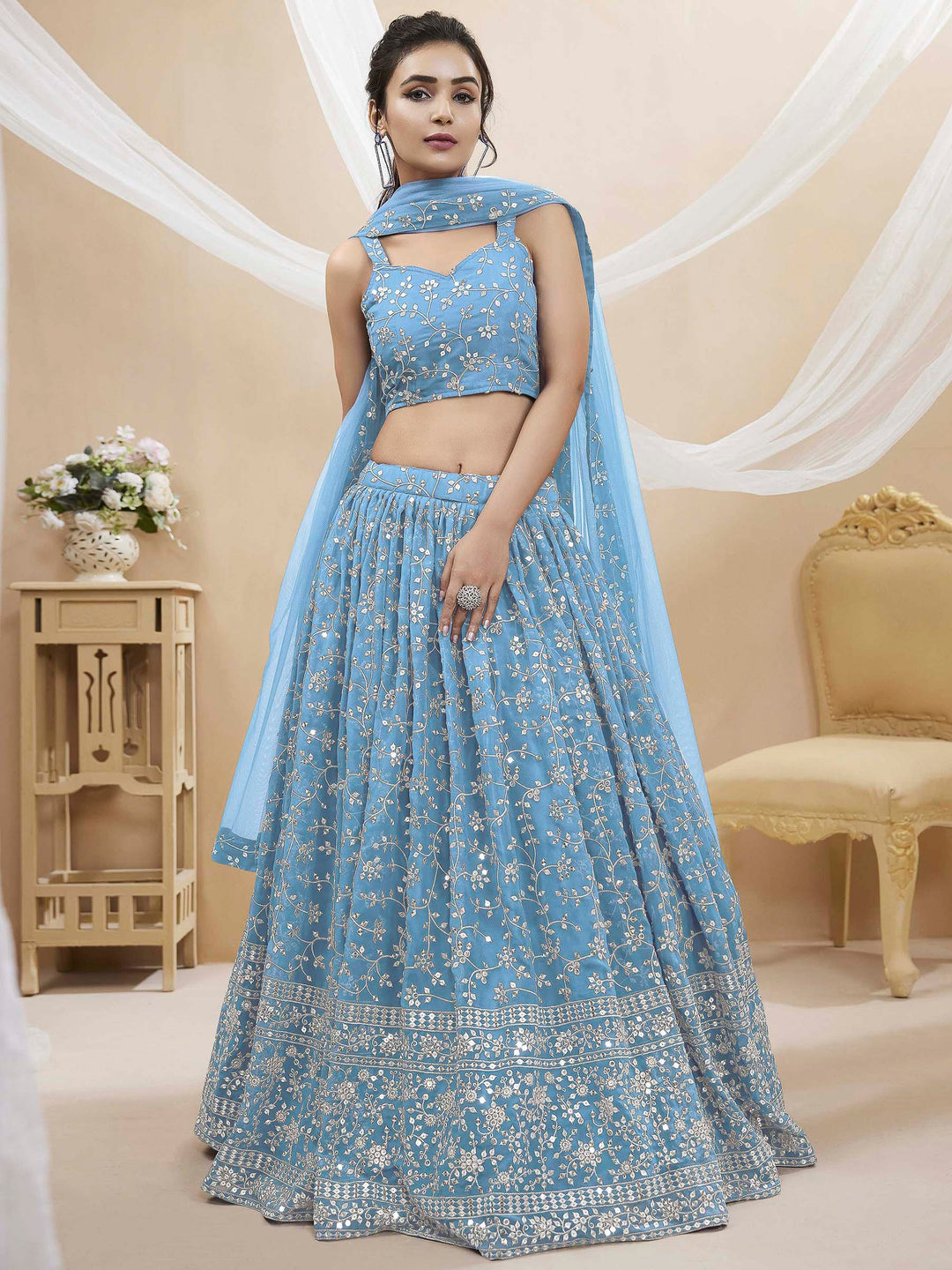 Blue Georgette Embroidered Semi Stitched Lehenga Choli with Dupatta