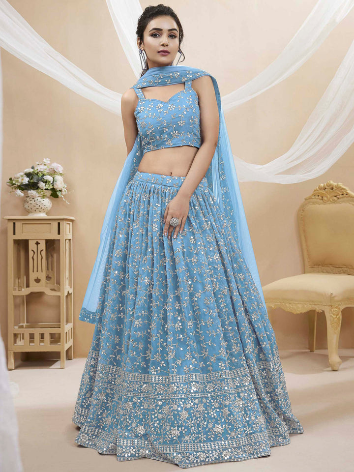 Blue Georgette Embroidered Semi Stitched Lehenga Choli with Dupatta