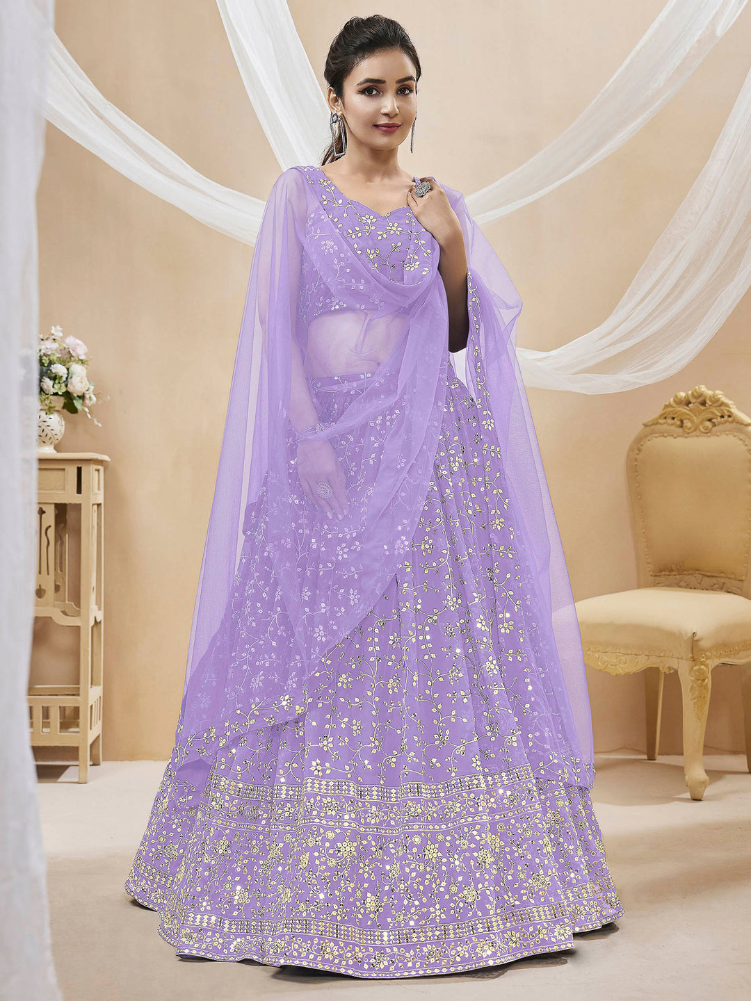 Lilac Georgette Embroidered Semi Stitched Lehenga Choli with Dupatta