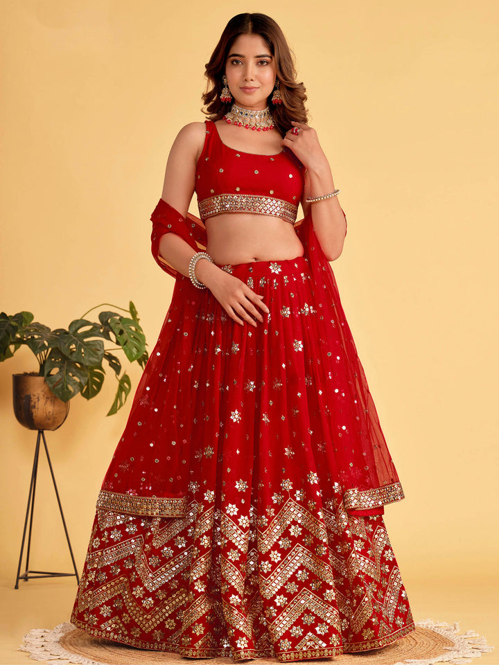 Red Georgette Embroidered Semi Stitched Lehenga Choli with Dupatta