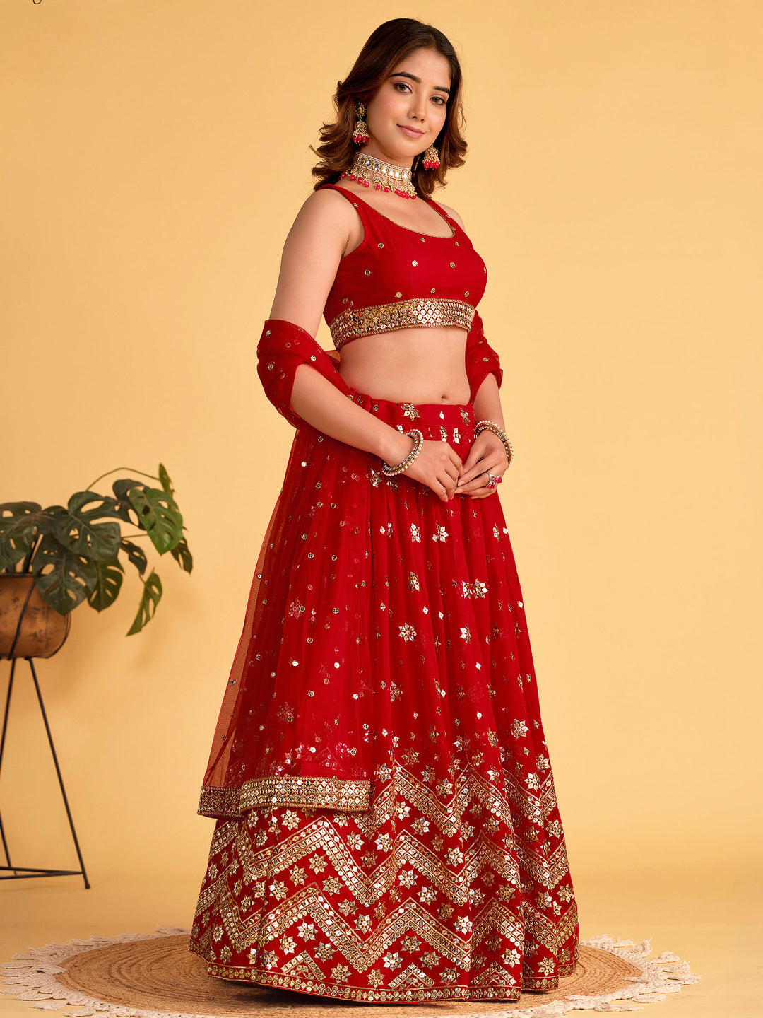 Red Georgette Embroidered Semi Stitched Lehenga Choli with Dupatta