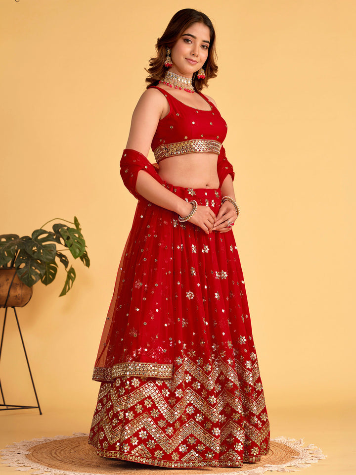 Red Georgette Embroidered Semi Stitched Lehenga Choli with Dupatta