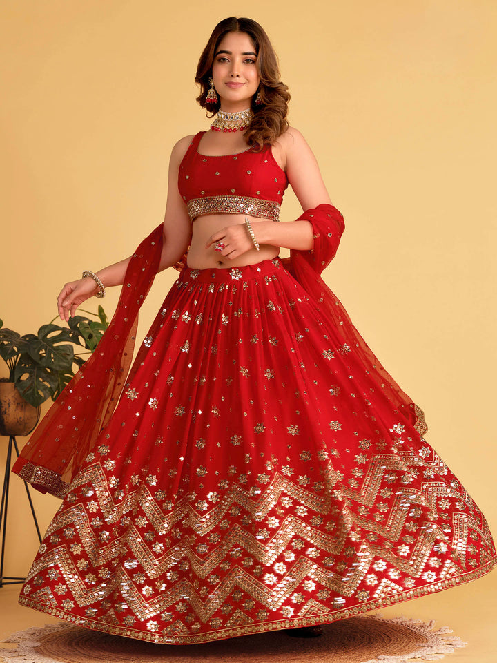Red Georgette Embroidered Semi Stitched Lehenga Choli with Dupatta