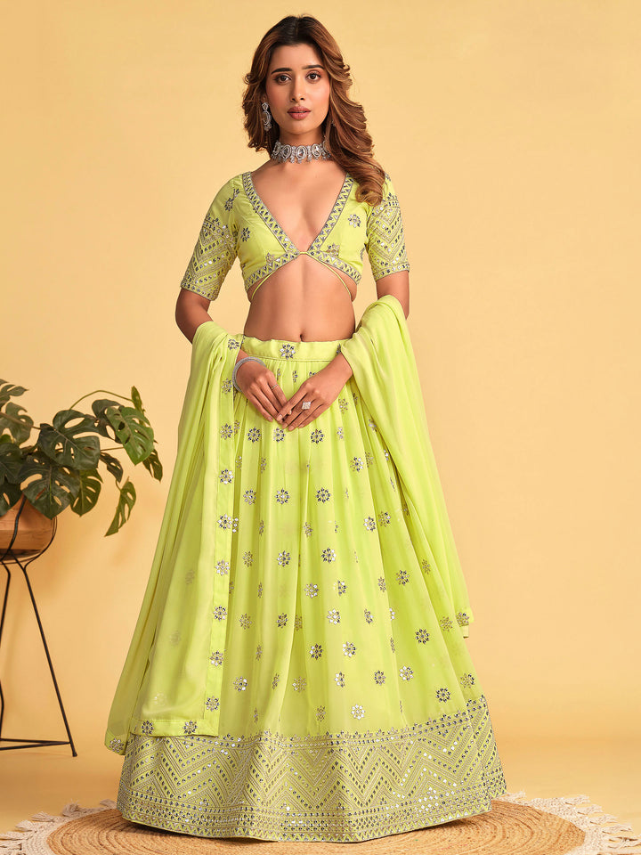 Green Georgette Embroidered Semi Stitched Lehenga Choli with Dupatta