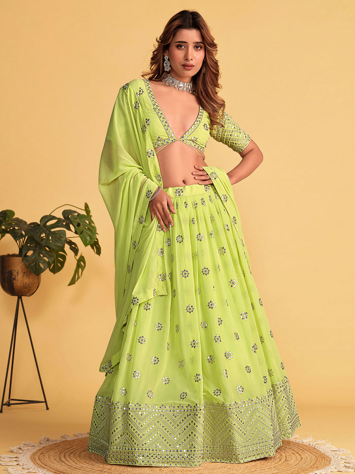 Green Georgette Embroidered Semi Stitched Lehenga Choli with Dupatta
