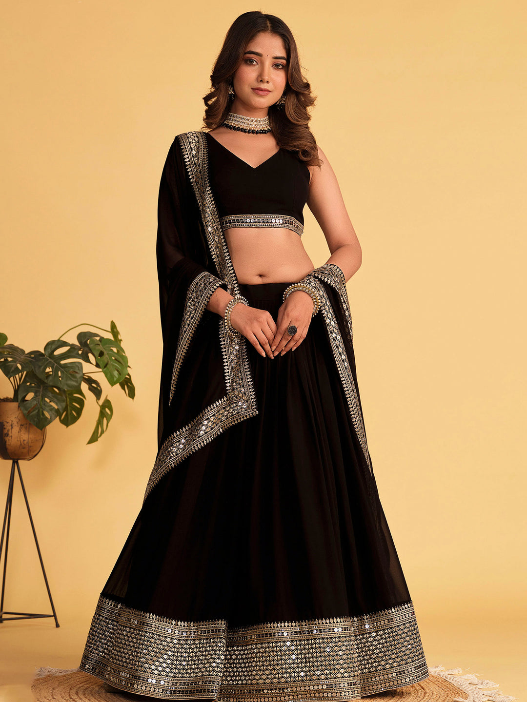 Black Georgette Embroidered Semi Stitched Lehenga Choli with Dupatta