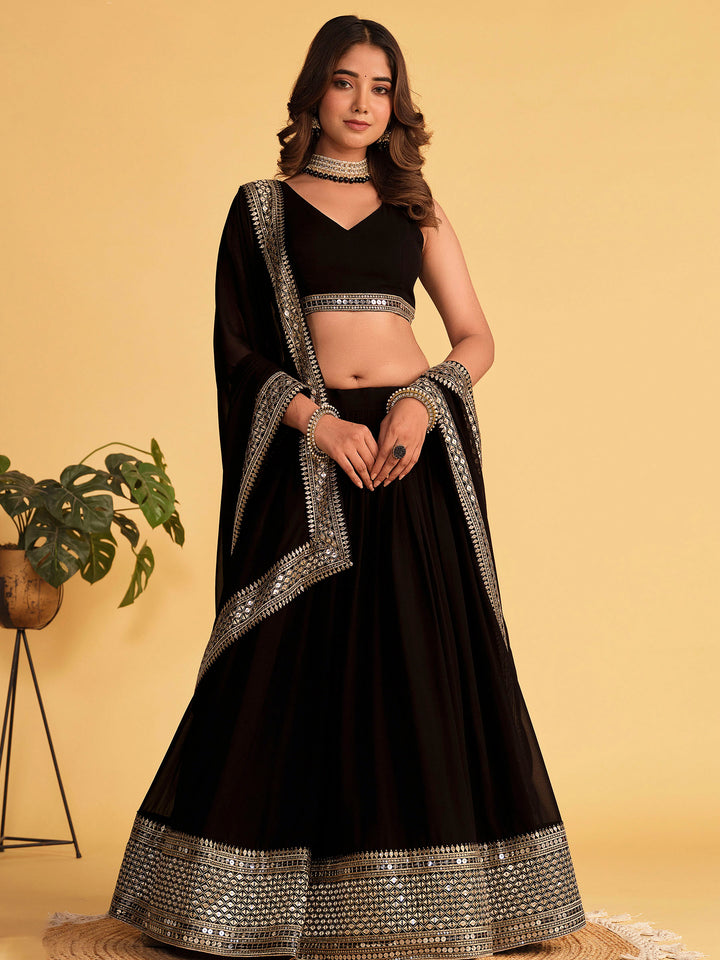 Black Georgette Embroidered Semi Stitched Lehenga Choli with Dupatta