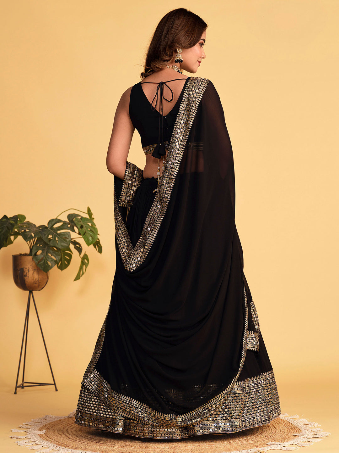 Black Georgette Embroidered Semi Stitched Lehenga Choli with Dupatta
