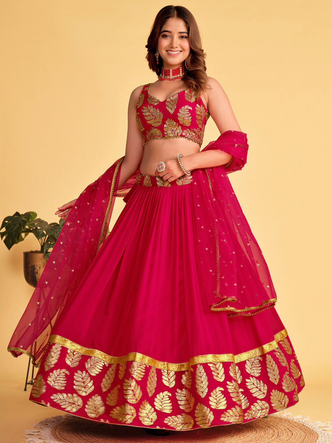 Pink Georgette Embroidered Semi Stitched Lehenga Choli with Dupatta