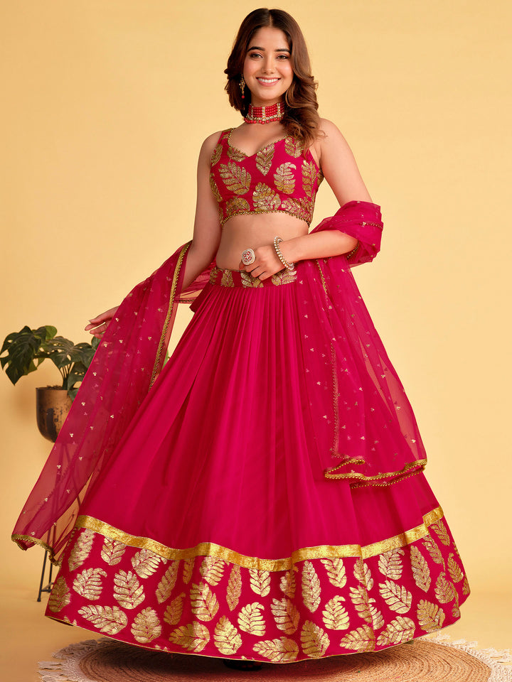 Pink Georgette Embroidered Semi Stitched Lehenga Choli with Dupatta