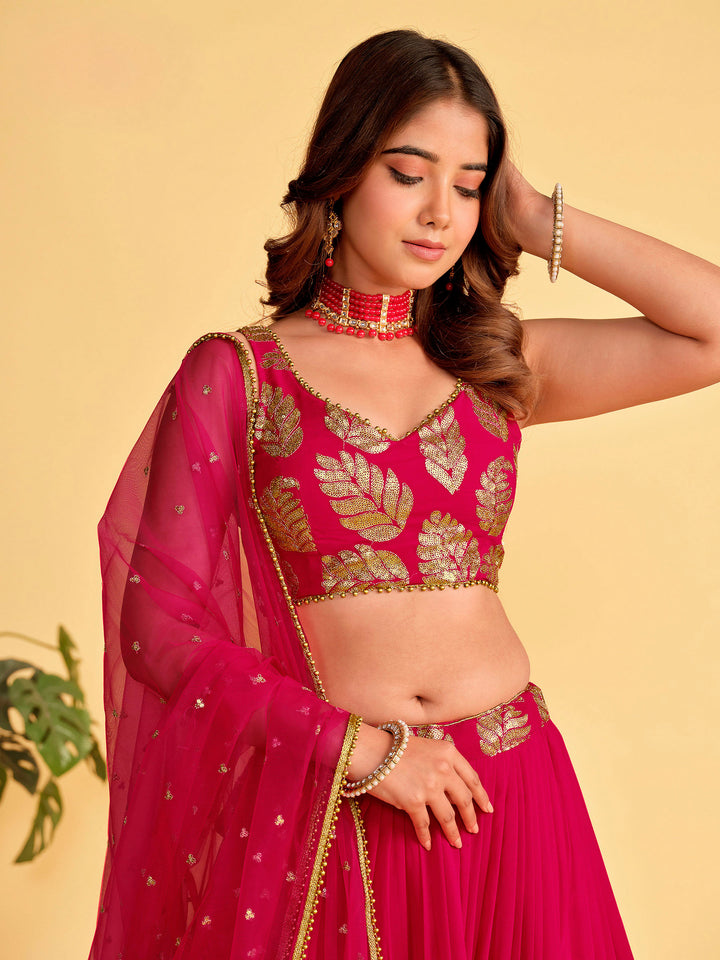 Pink Georgette Embroidered Semi Stitched Lehenga Choli with Dupatta